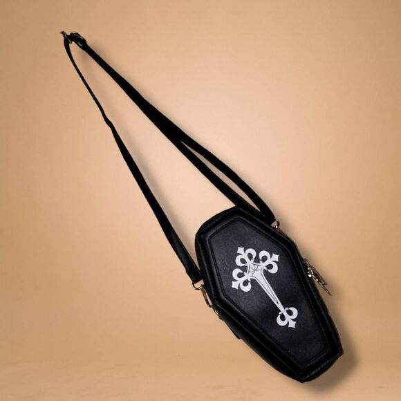Womens Mens Coffin Cross Shoulder Bag Crossbody Black White Adjustable Halloween - Picture 1 of 14